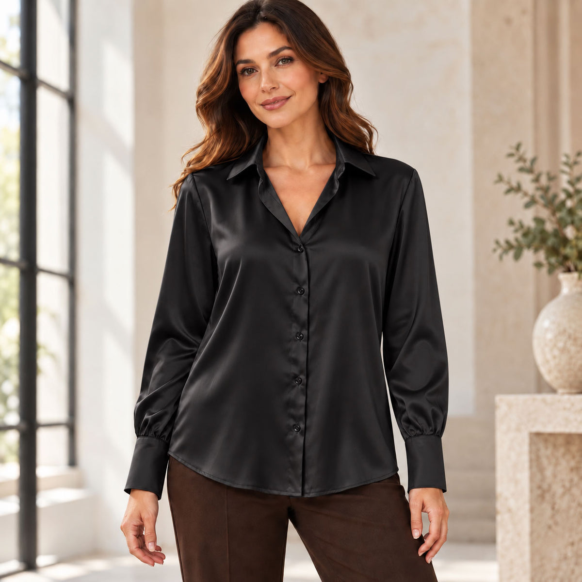 Сатенена дамска риза с дълги ръкави 7265