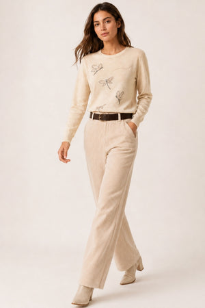 Кашмирен пуловер с морски кончета 7229, дамски пуловер с морски кончета, модерен и елегантен, светло бежов