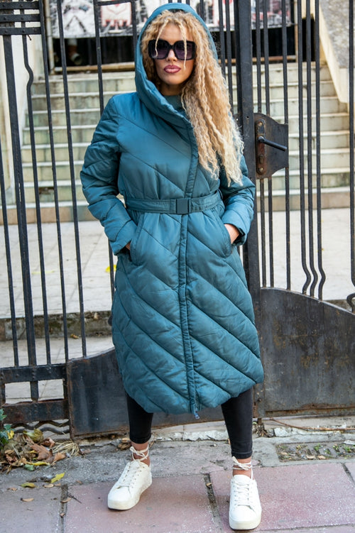 Long women's jacket with a belt and hood