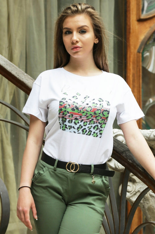 Λευκό βαμβακερό γυναικείο T-shirt με print και επιγραφή