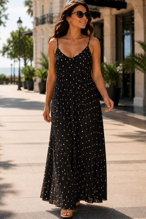Long Pleated Polka-Dot Dress with Thin Straps