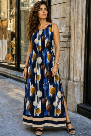 Long circle-print dress with a side slit