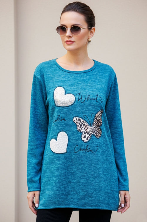 Plus-size women's blouse with butterfly and heart prints