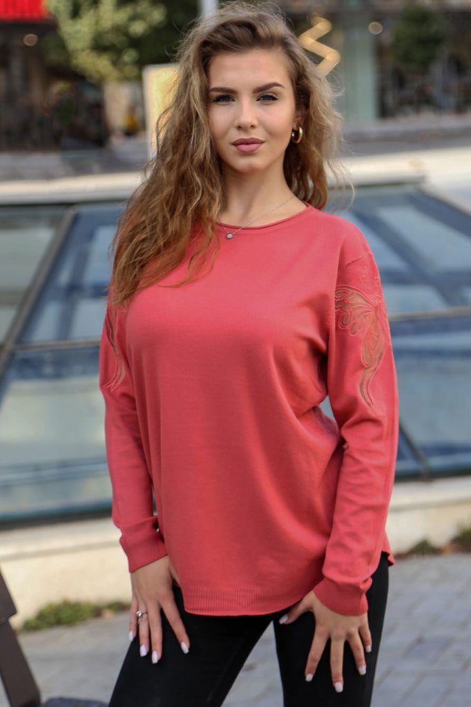 Pulover din cașmir cu fluturi din dantelă pe umeri