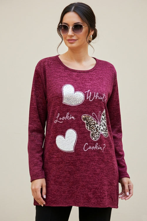 Plus-size women's blouse with butterfly and heart prints
