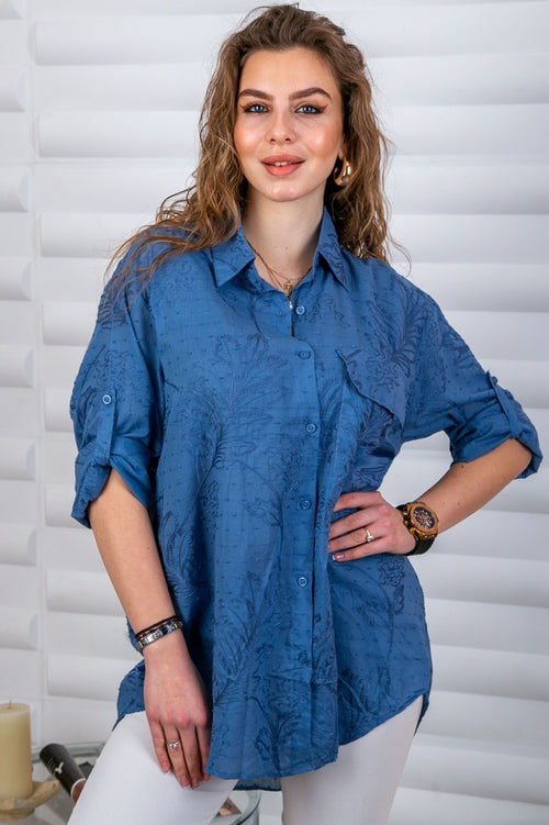 Cămașă de damă uni din bumbac, cu broderie tradițională