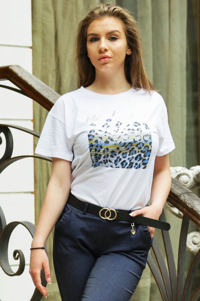 Λευκό βαμβακερό γυναικείο T-shirt με print και επιγραφή