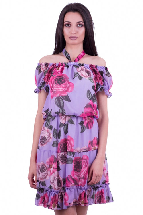 Rochie damă florală din șifon cu umerii goi