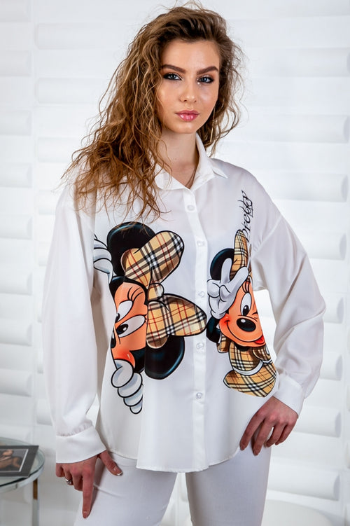 Λευκό γυναικείο πουκάμισο με στάμπα Minnie Mouse και φιόγκο