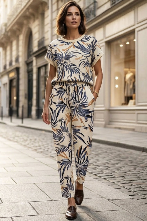 Loose-Fit Women's Summer Set with Leaf Print
