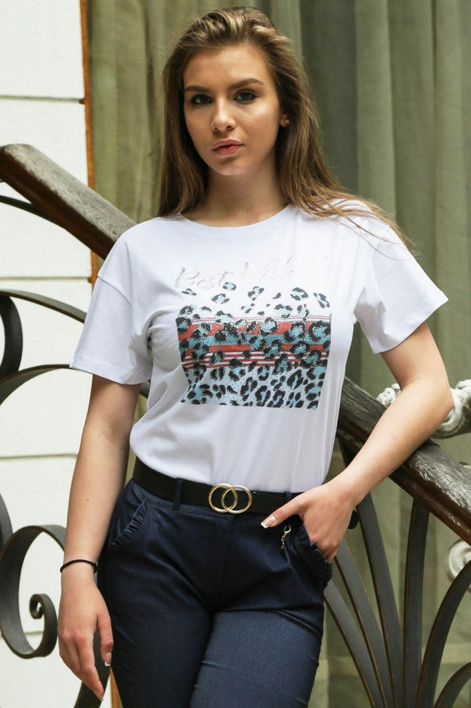 Cotton white women's T-shirt with a print and inscription