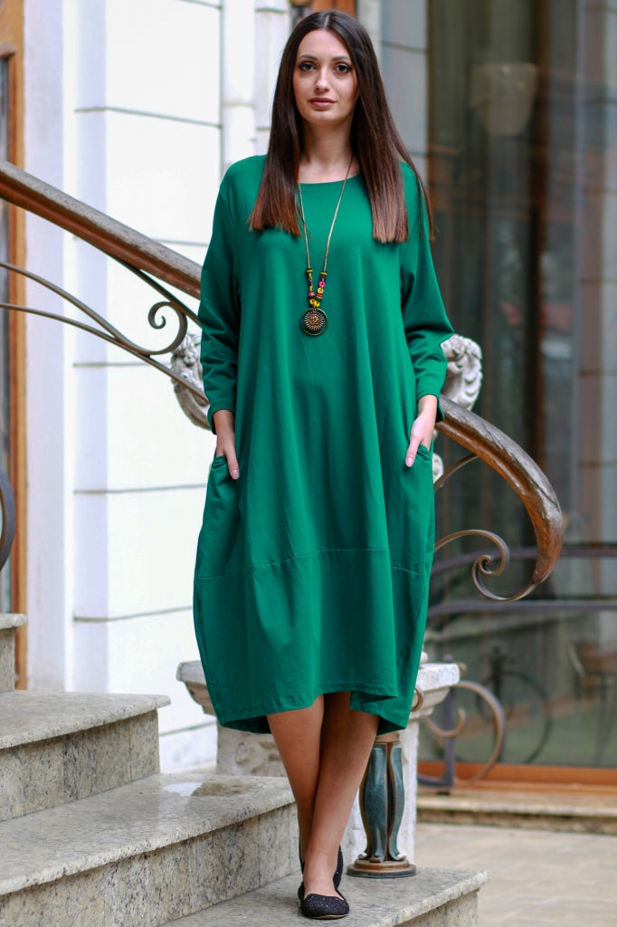 Solid-colour long cotton dress with a complimentary accessory