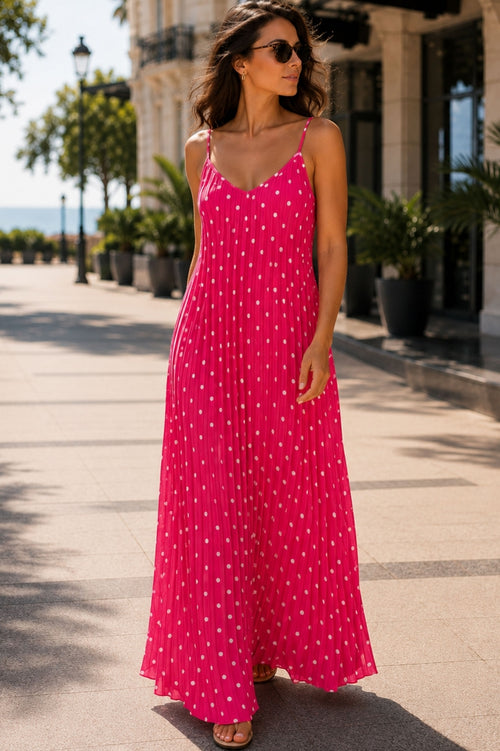 Long Pleated Polka-Dot Dress with Thin Straps