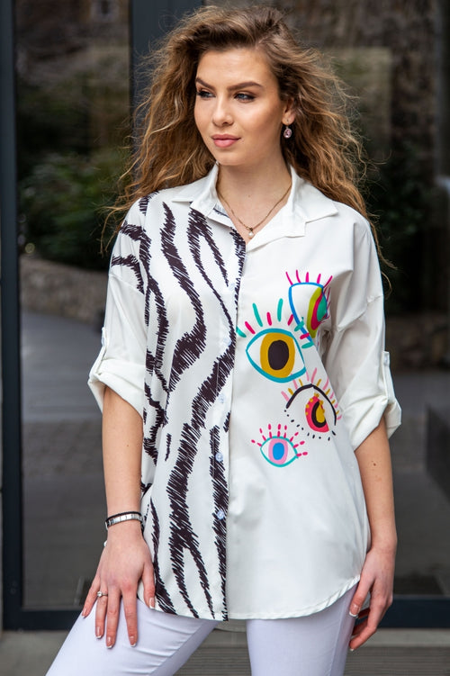 Λευκό γυναικείο πουκάμισο με τύπωμα πολύχρωμα μάτια