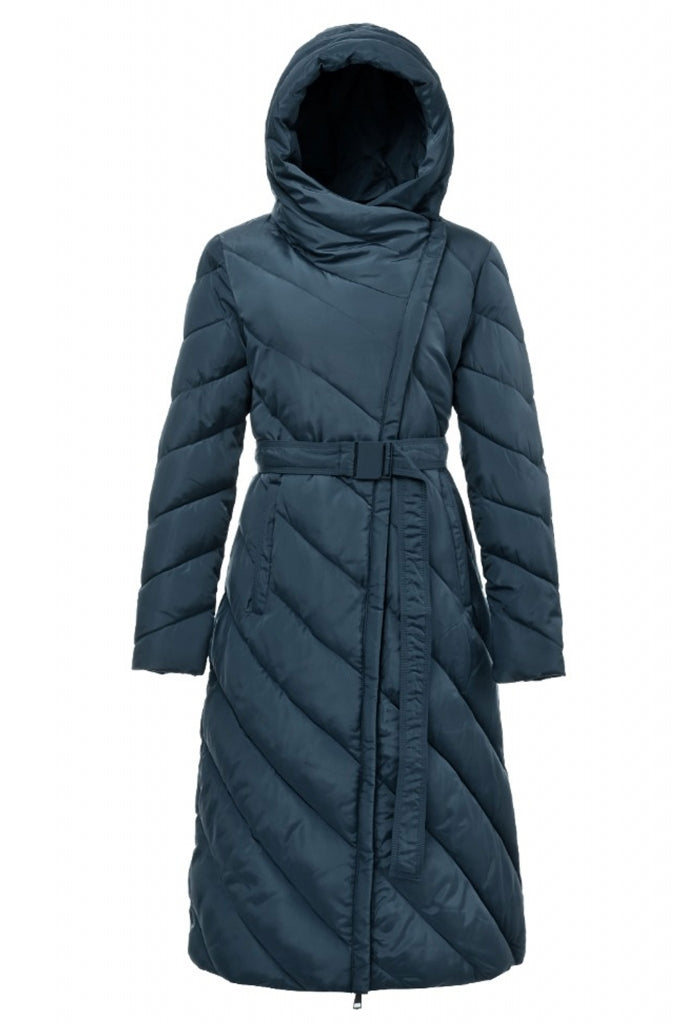 Long women's jacket with a belt and hood