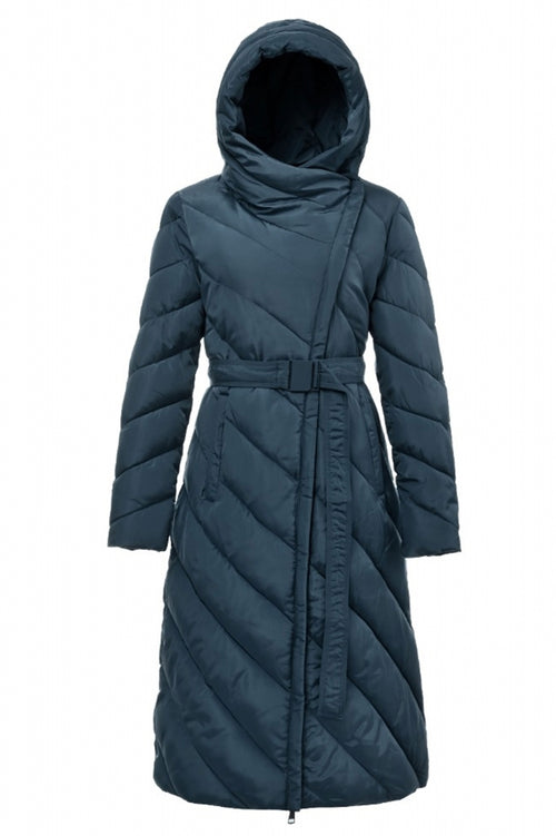 Long women's jacket with a belt and hood