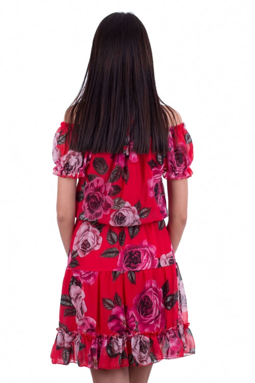 Rochie damă florală din șifon cu umerii goi