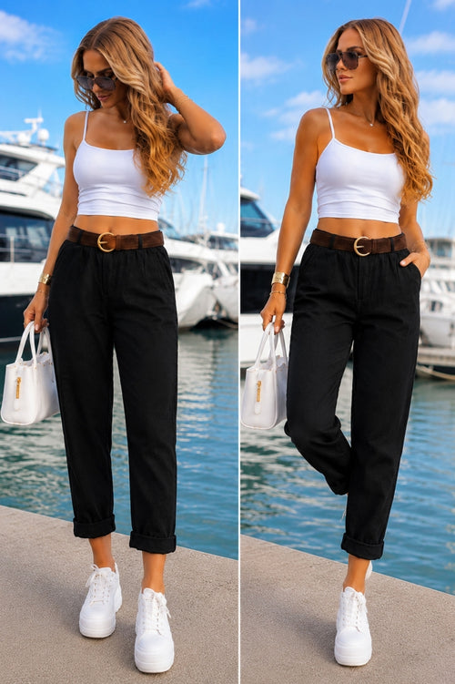 Plain stretch trousers with a belt