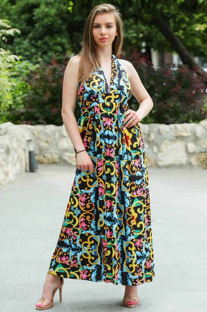Long cotton dress with colourful motifs