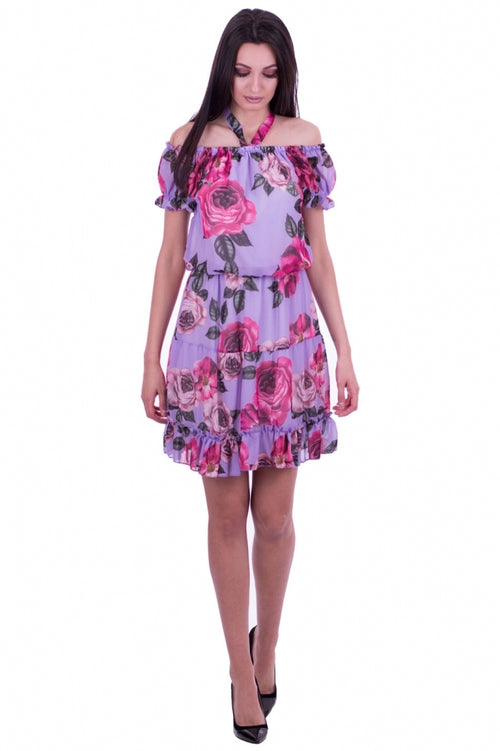 Rochie damă florală din șifon cu umerii goi