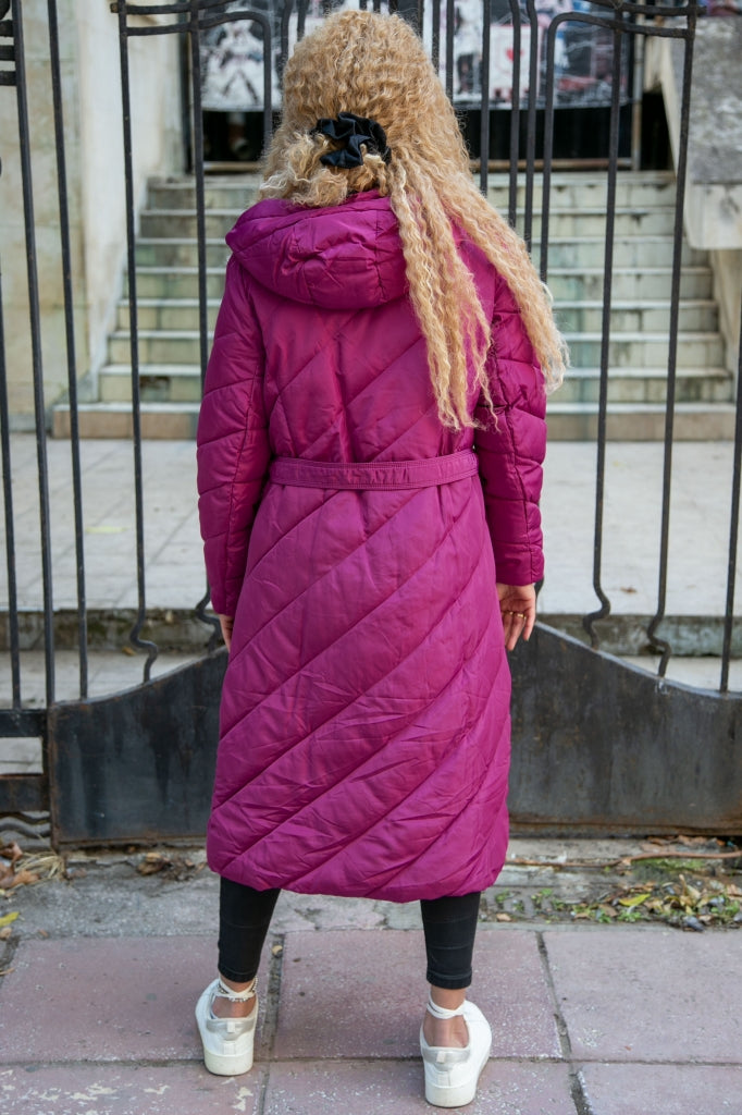 Long women's jacket with a belt and hood