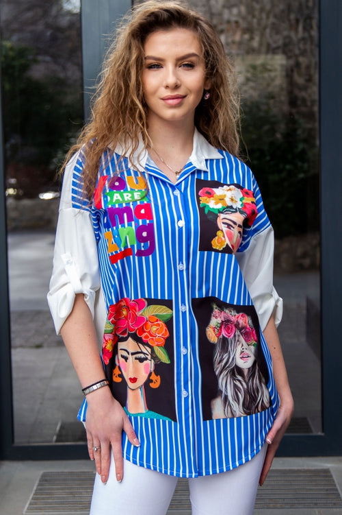 Λευκό γυναικείο πουκάμισο με στάμπα Frida Kahlo