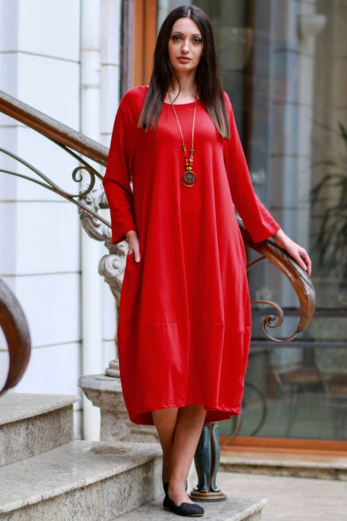 Solid-colour long cotton dress with a complimentary accessory