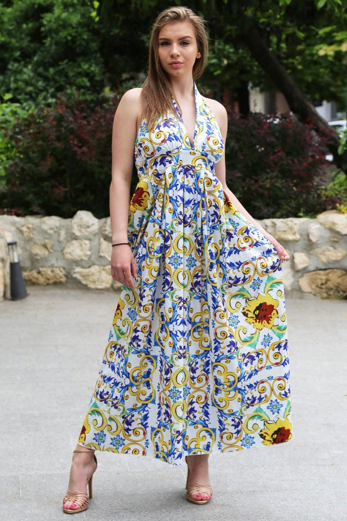 Long cotton dress with colourful motifs