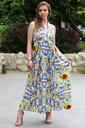 Long cotton dress with colourful motifs