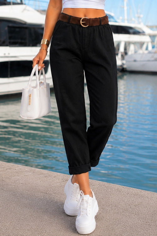 Plain stretch trousers with a belt