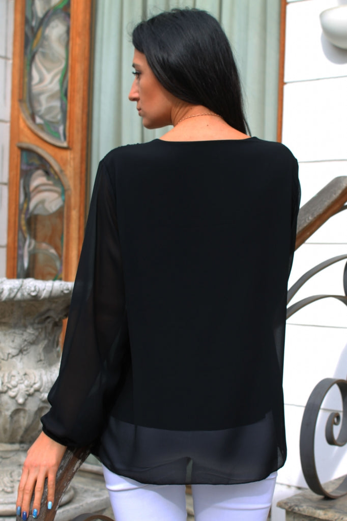 Bluză uni plisată încrucișată cu accesoriu cadou
