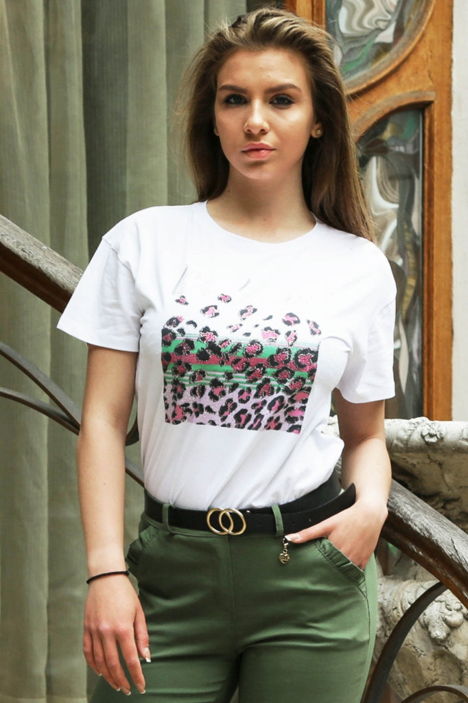 Cotton white women's T-shirt with a print and inscription