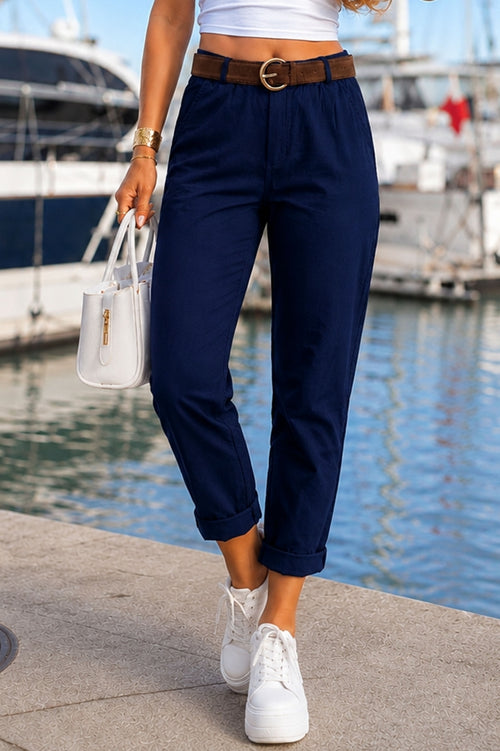 Plain stretch trousers with a belt