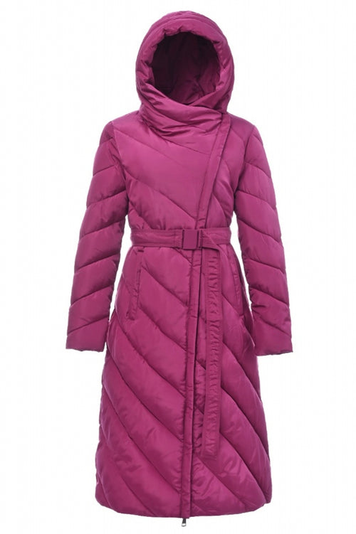 Long women's jacket with a belt and hood
