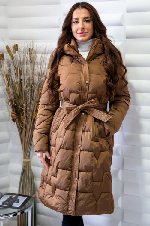 Long elegant women's jacket with belt and hood