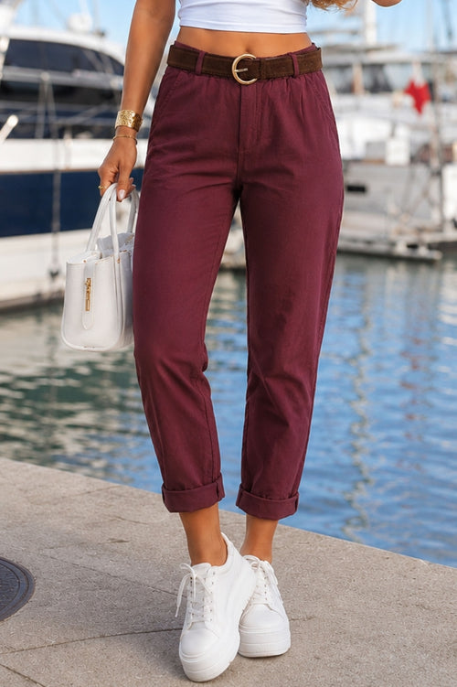 Plain stretch trousers with a belt
