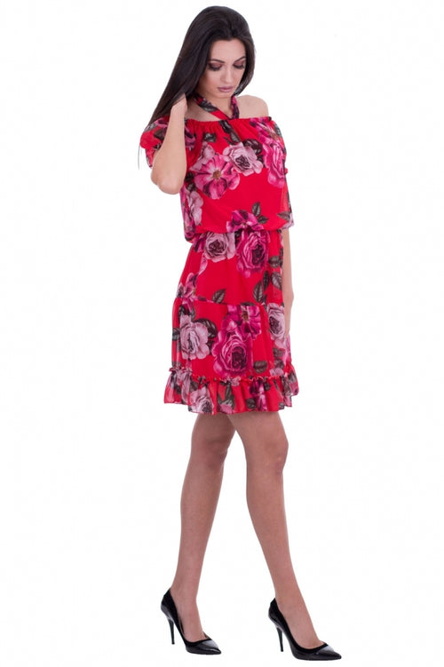 Rochie damă florală din șifon cu umerii goi